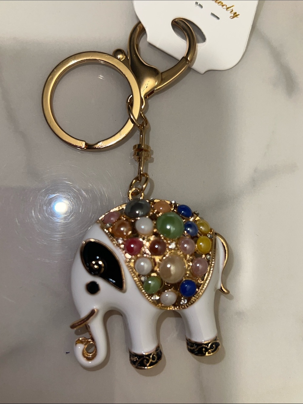 Gold-Tone Elephant Bag Charm Keychain with Multicolor Gem Accents - Picture 2 of 4